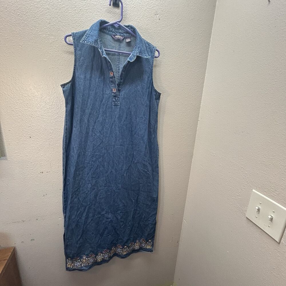 Vintage‎ 90s Y2K Agapo Denim Maxi Dress Embroidered Flowers Boho Farm Prairie L